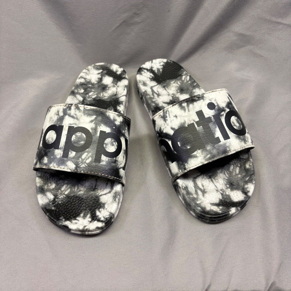Happy Nation Kids Tie Dye Slide Sandal Black White Logo Slip On Shoes Size L 3-4